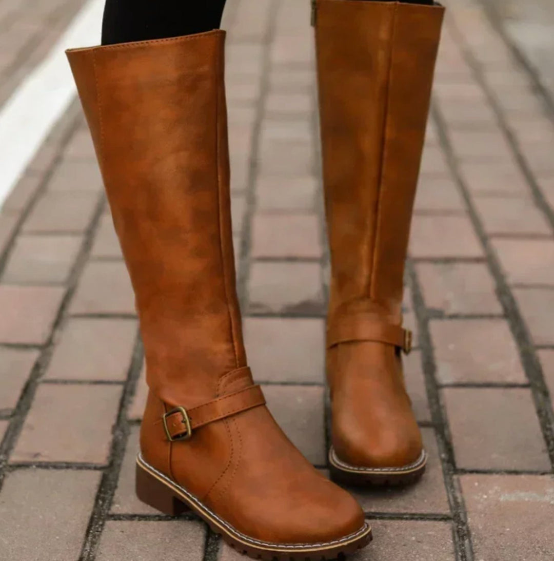 Lainey | Women's Knee-High Block-Heel Buckle Strap Leather Boots