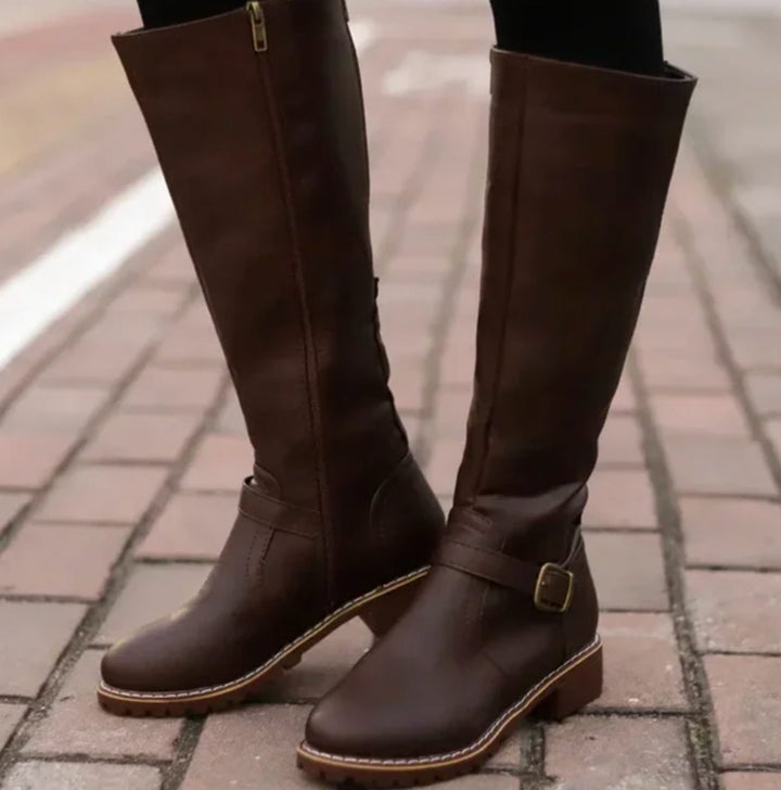 Lainey | Women's Knee-High Block-Heel Buckle Strap Leather Boots
