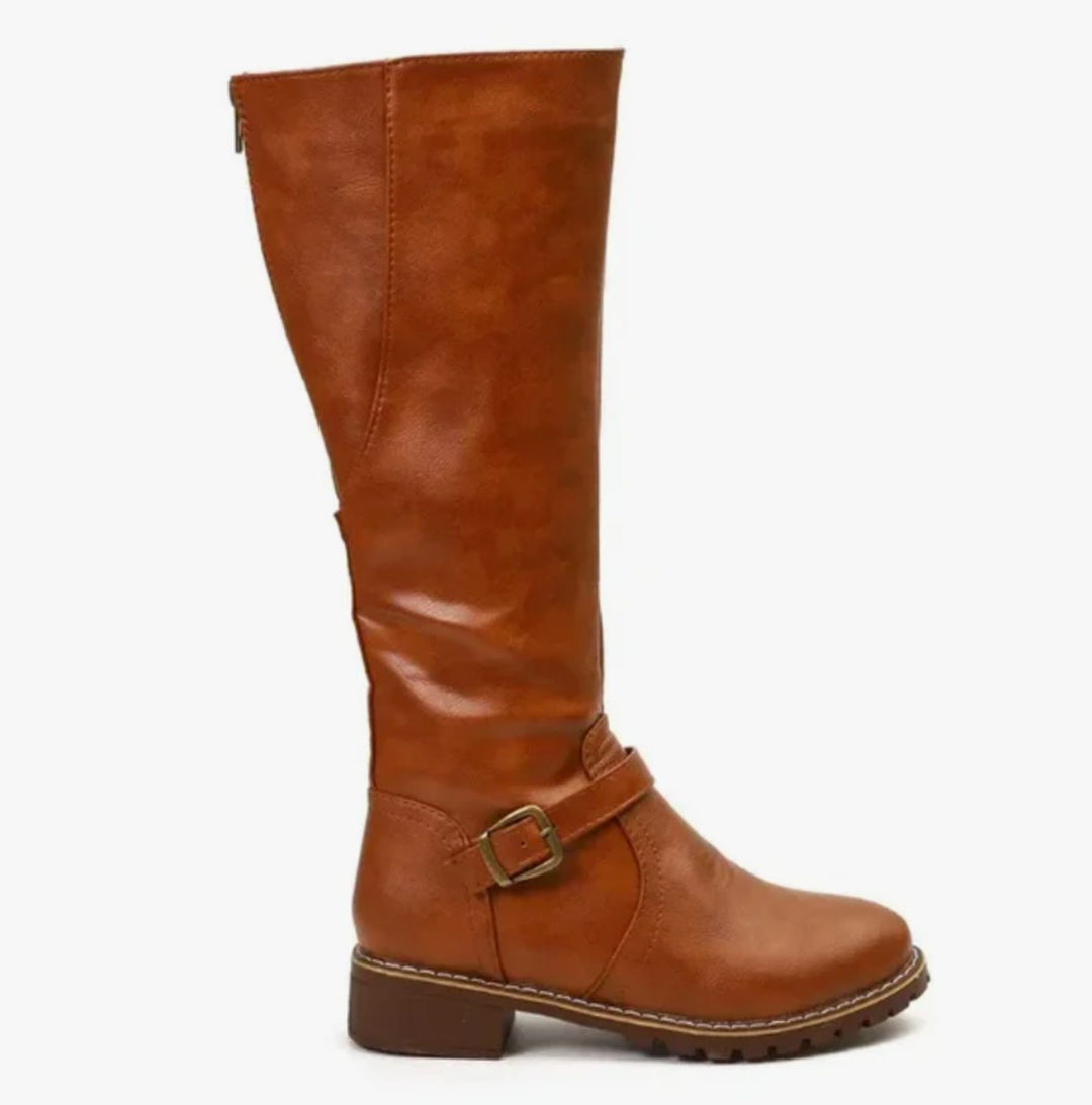 Lainey | Women's Knee-High Block-Heel Buckle Strap Leather Boots
