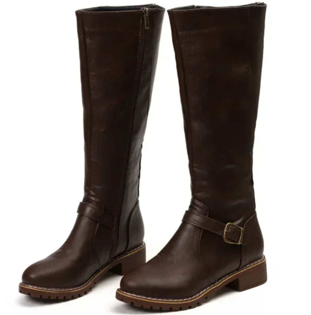 Lainey | Women's Knee-High Block-Heel Buckle Strap Leather Boots