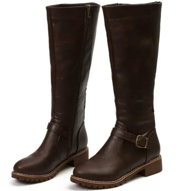 Lainey | Women's Knee-High Block-Heel Buckle Strap Leather Boots