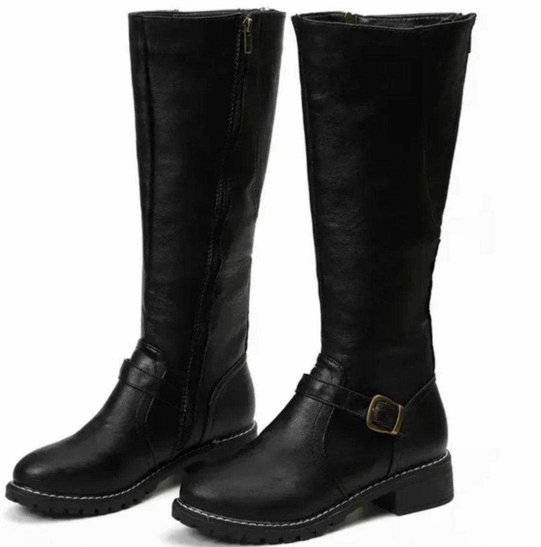 Lainey | Women's Knee-High Block-Heel Buckle Strap Leather Boots