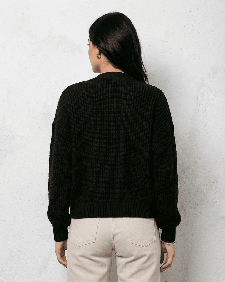 Women's black ribbed cardigan with V-neckline and button front