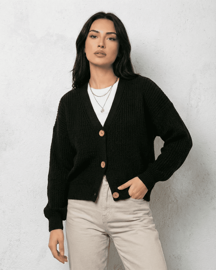 Women's black ribbed cardigan with V-neckline and button front