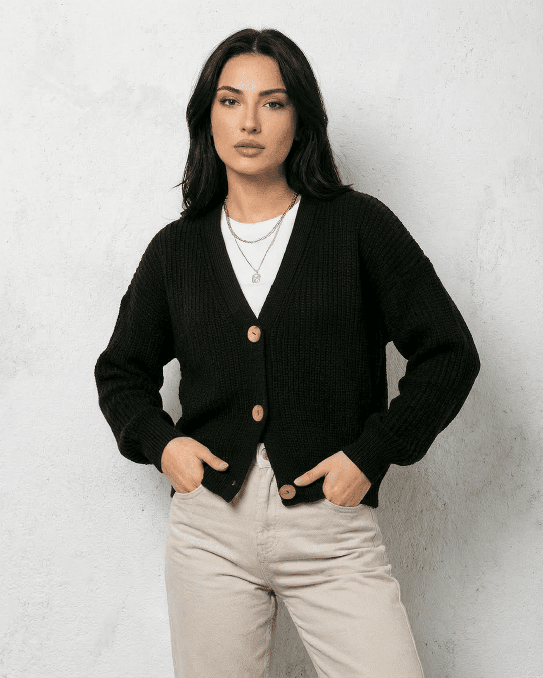 Women's black ribbed cardigan with V-neckline and button front