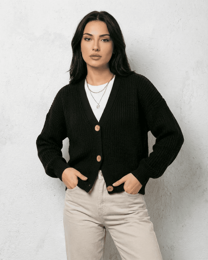 Women's black ribbed cardigan with V-neckline and button front