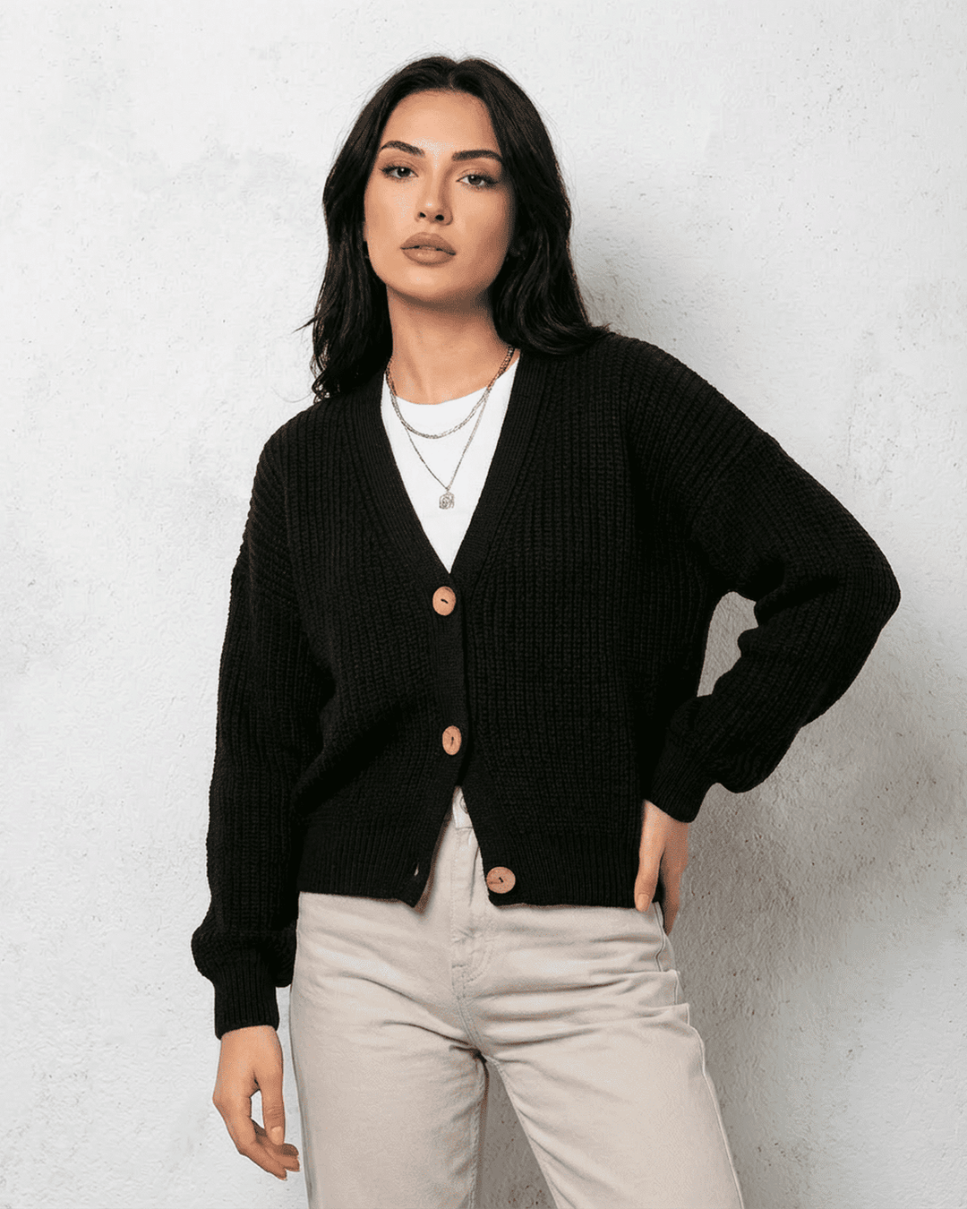 Women's black ribbed cardigan with V-neckline and button front