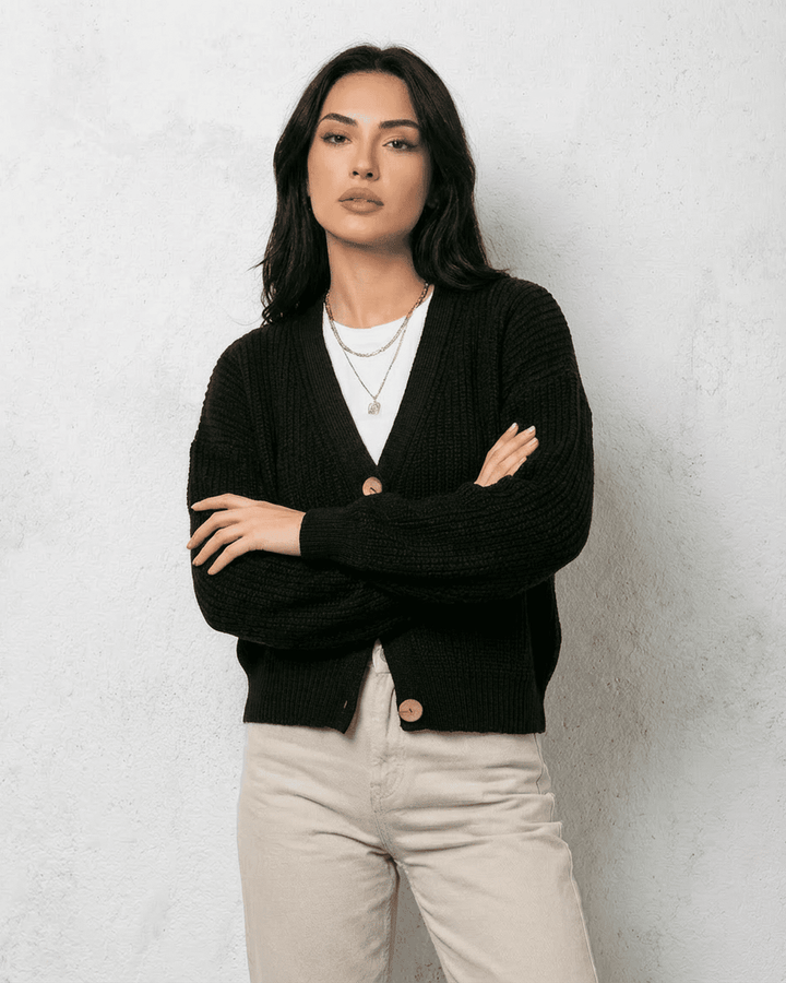 Women's black ribbed cardigan with V-neckline and button front