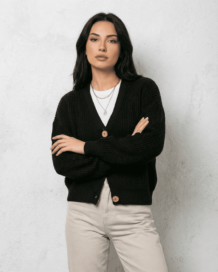 Women's black ribbed cardigan with V-neckline and button front