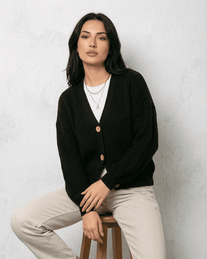 Women's black ribbed cardigan with V-neckline and button front