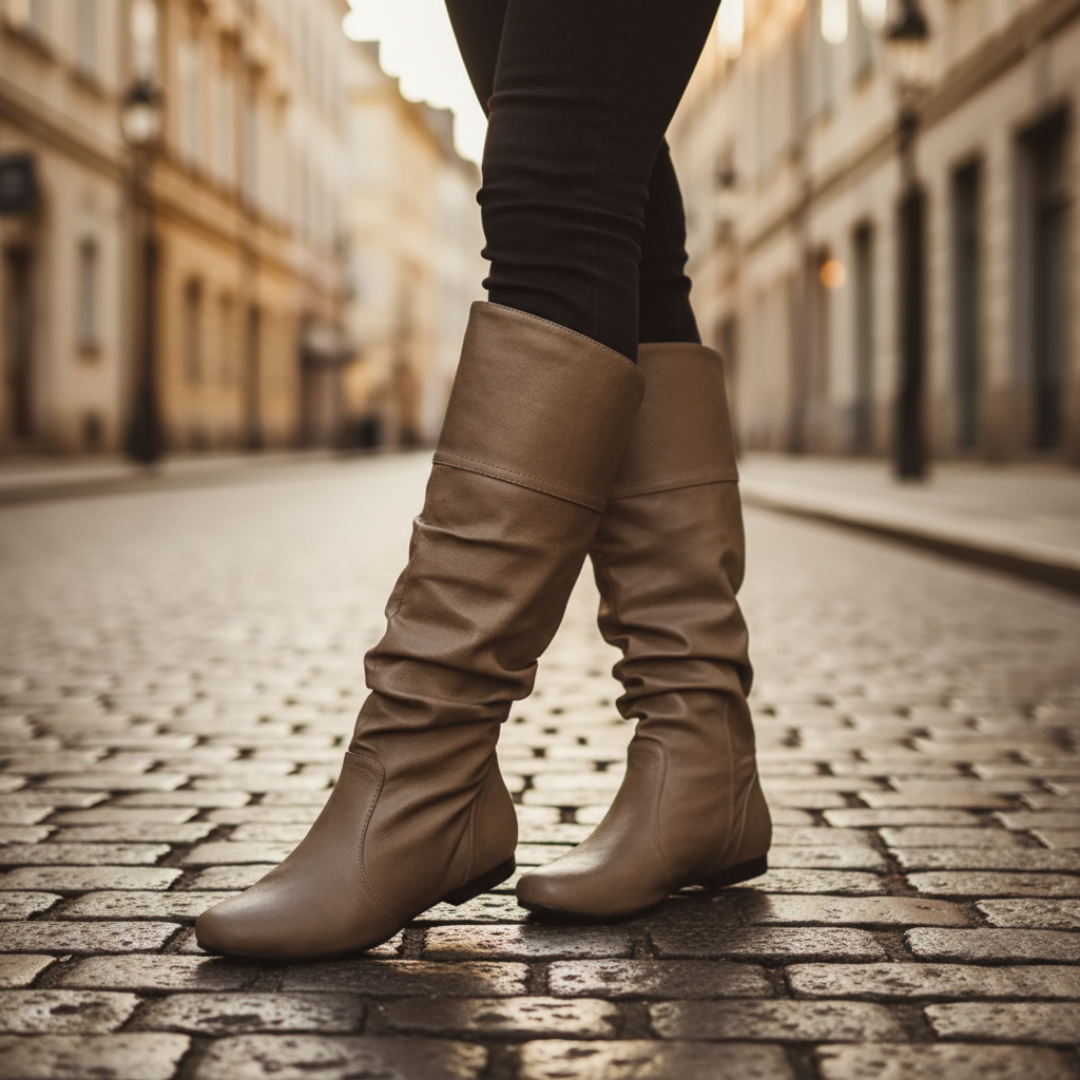 Women's slouch knee-high boots with round toes and flat heels
