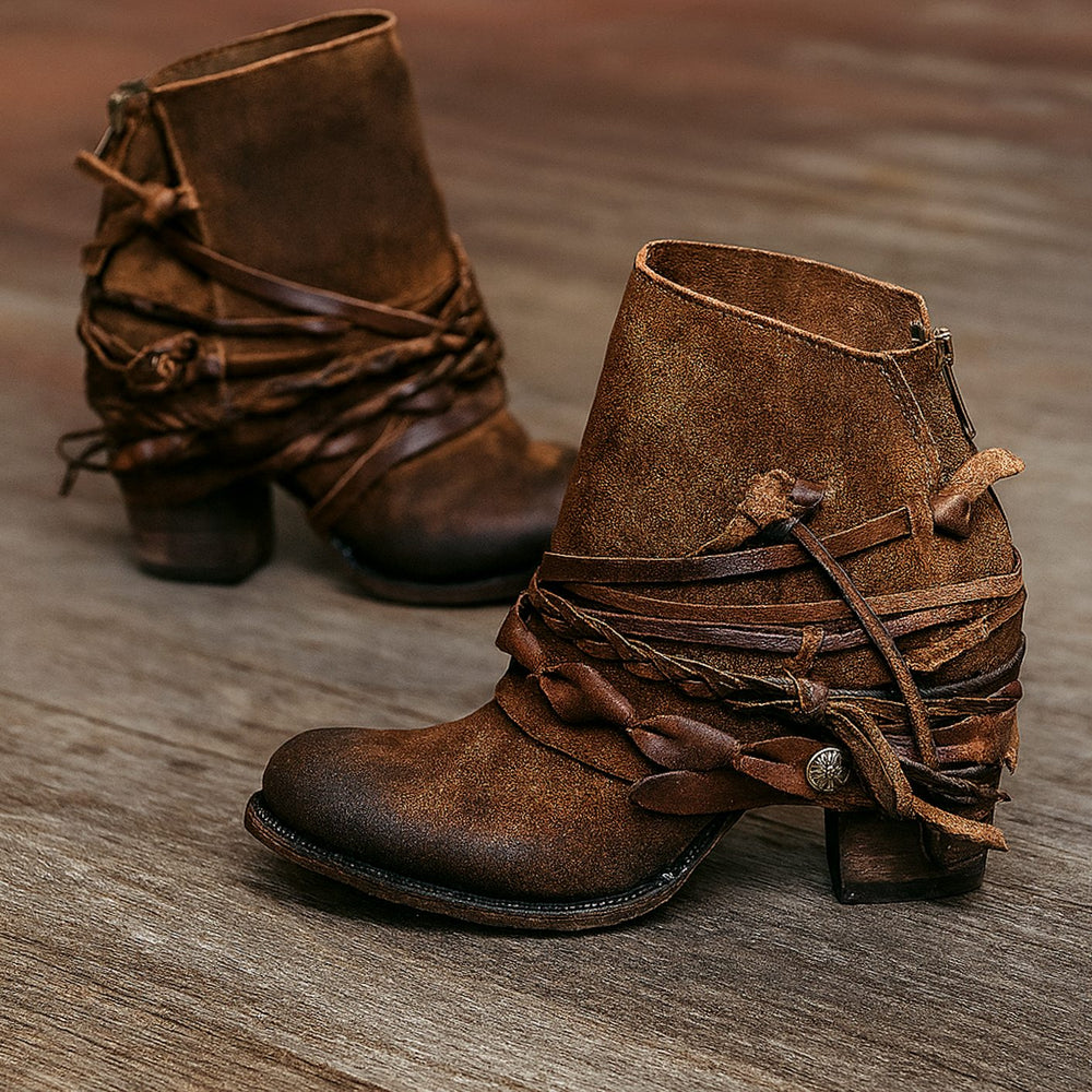 Lesley | Women's Boho Western Wrap-Strap Block-Heel Ankle Boots