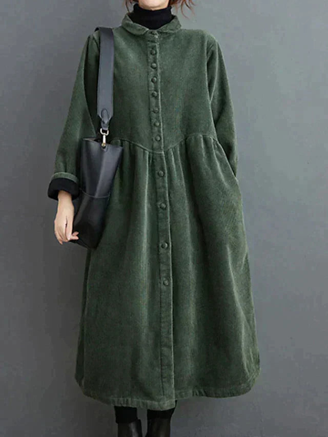 Women's relaxed corduroy midi dress with Mandarin collar and long sleeves