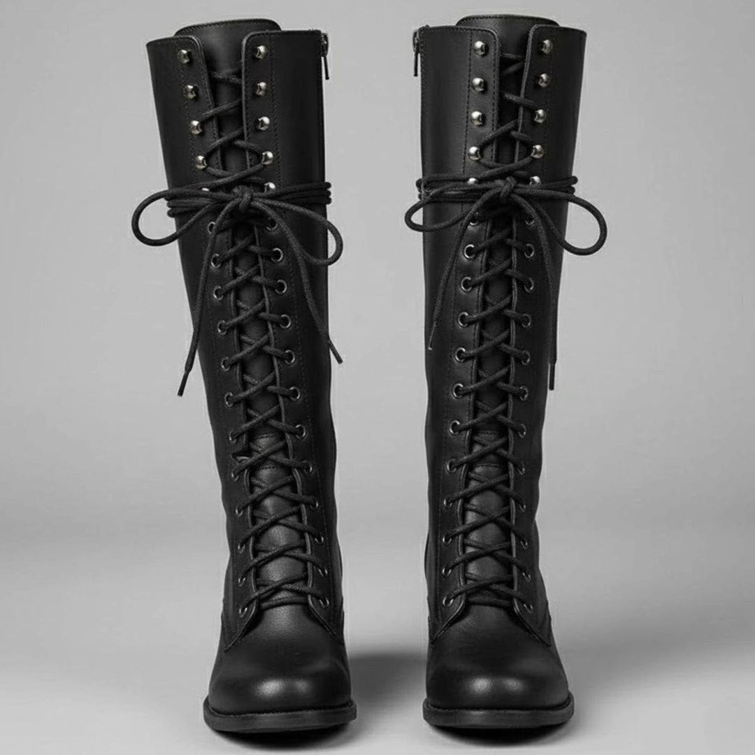 Linda | Women's Lace-Up Block Heel Studded Knee-High Boots