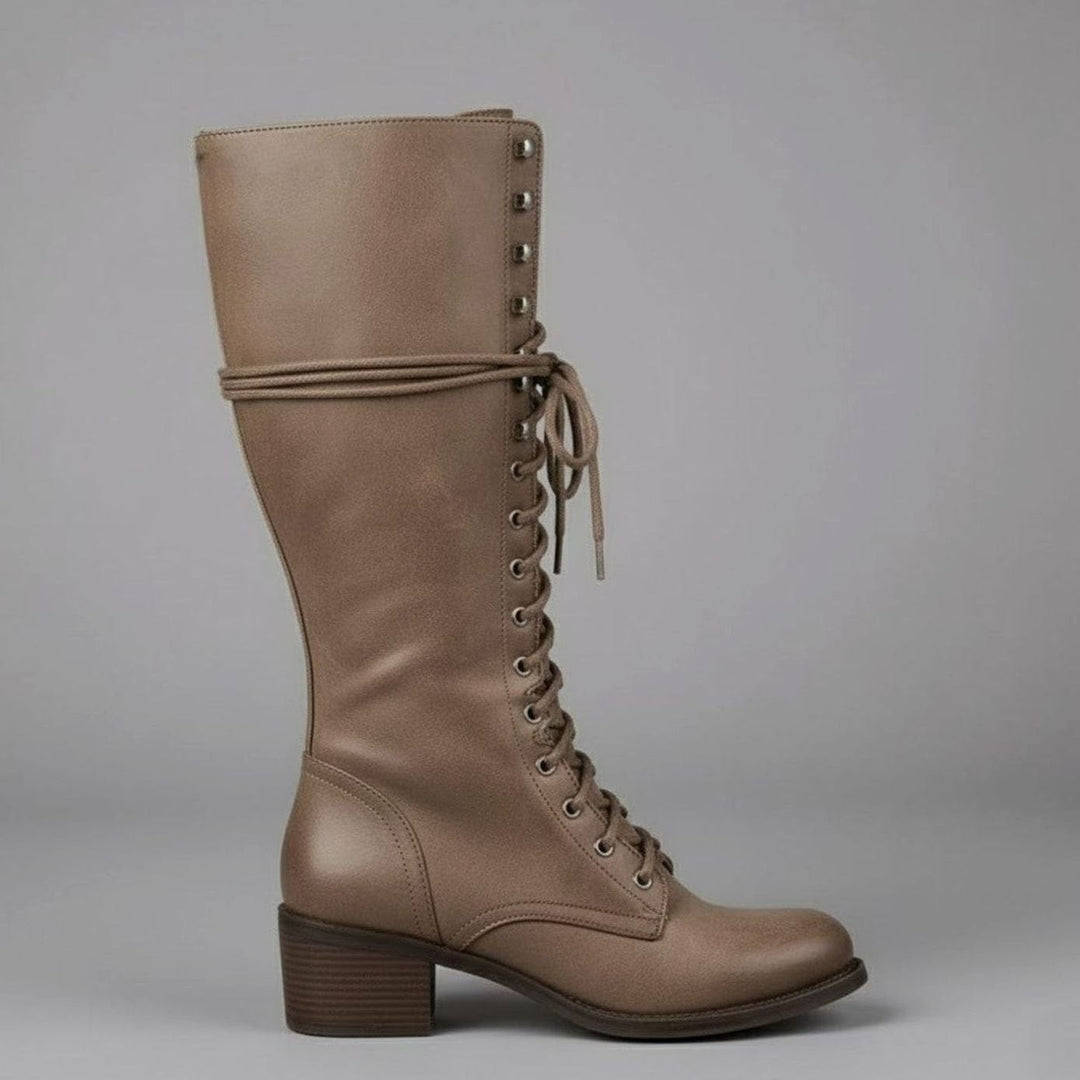 Linda | Women's Lace-Up Block Heel Studded Knee-High Boots