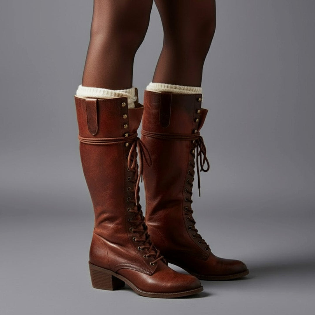 Linda | Women's Lace-Up Block Heel Studded Knee-High Boots
