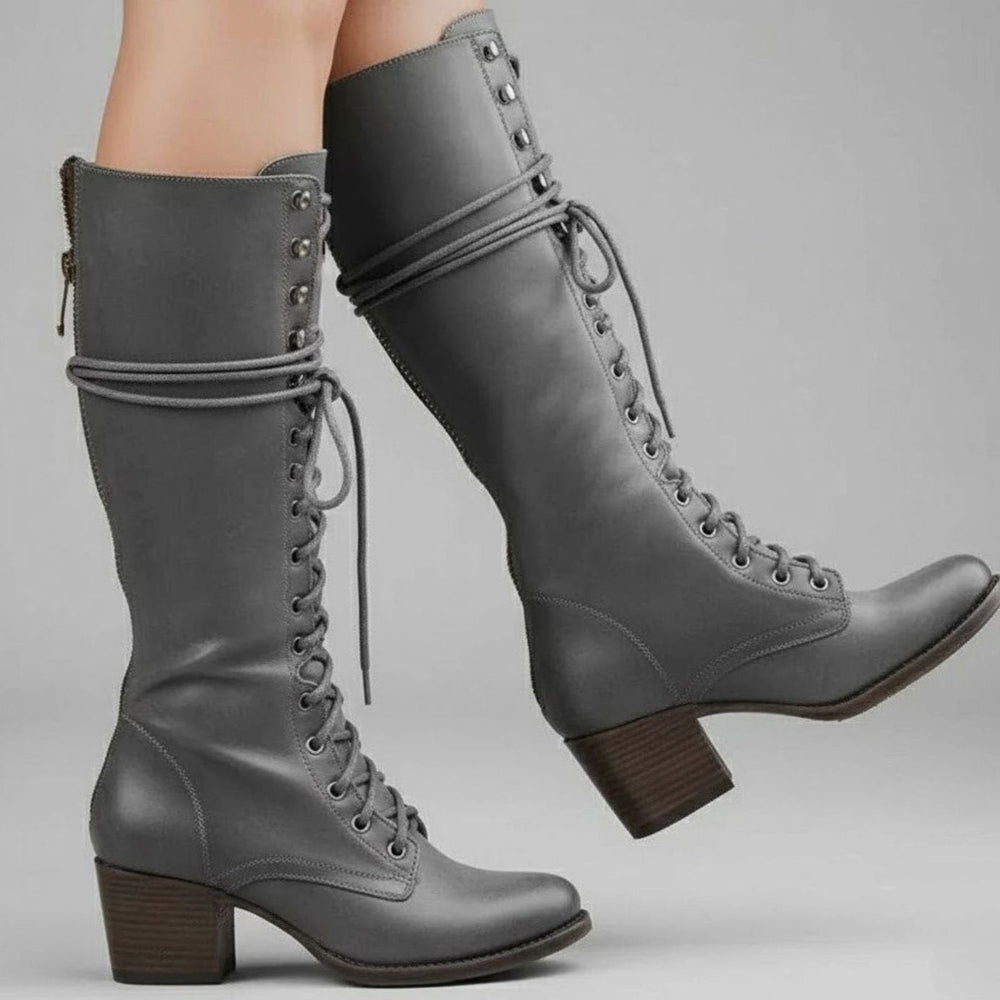 Linda | Women's Lace-Up Block Heel Studded Knee-High Boots