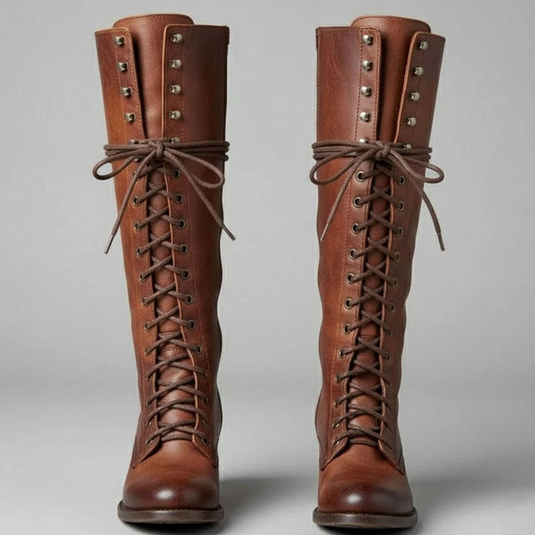 Linda | Women's Lace-Up Block Heel Studded Knee-High Boots