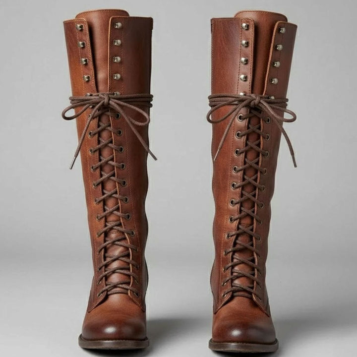 Linda | Women's Lace-Up Block Heel Studded Knee-High Boots