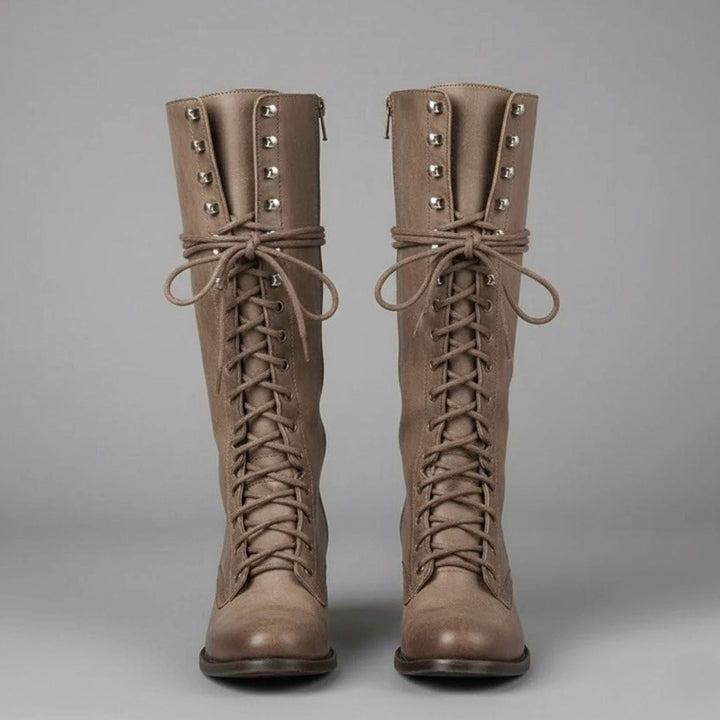 Linda | Women's Lace-Up Block Heel Studded Knee-High Boots