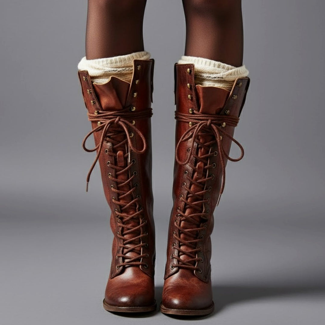 Linda | Women's Lace-Up Block Heel Studded Knee-High Boots