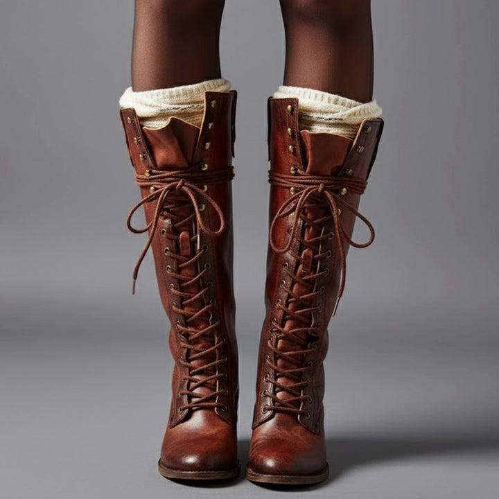 Linda | Women's Lace-Up Block Heel Studded Knee-High Boots