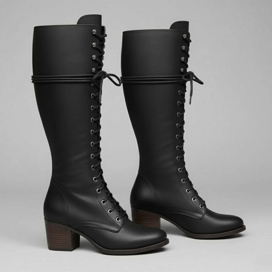 Linda | Women's Lace-Up Block Heel Studded Knee-High Boots
