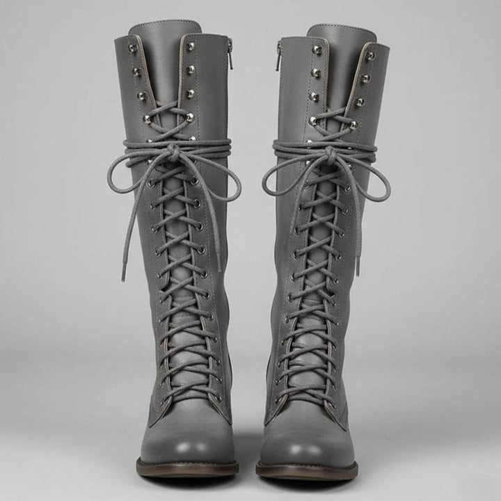 Linda | Women's Lace-Up Block Heel Studded Knee-High Boots