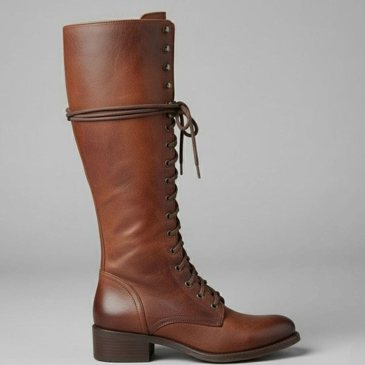 Linda | Women's Lace-Up Block Heel Studded Knee-High Boots
