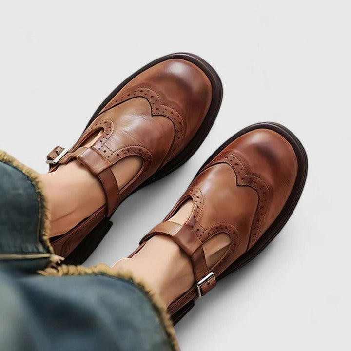 Lottie | Women's Vintage Brogue Leather T-Strap Shoes Buckle Flats