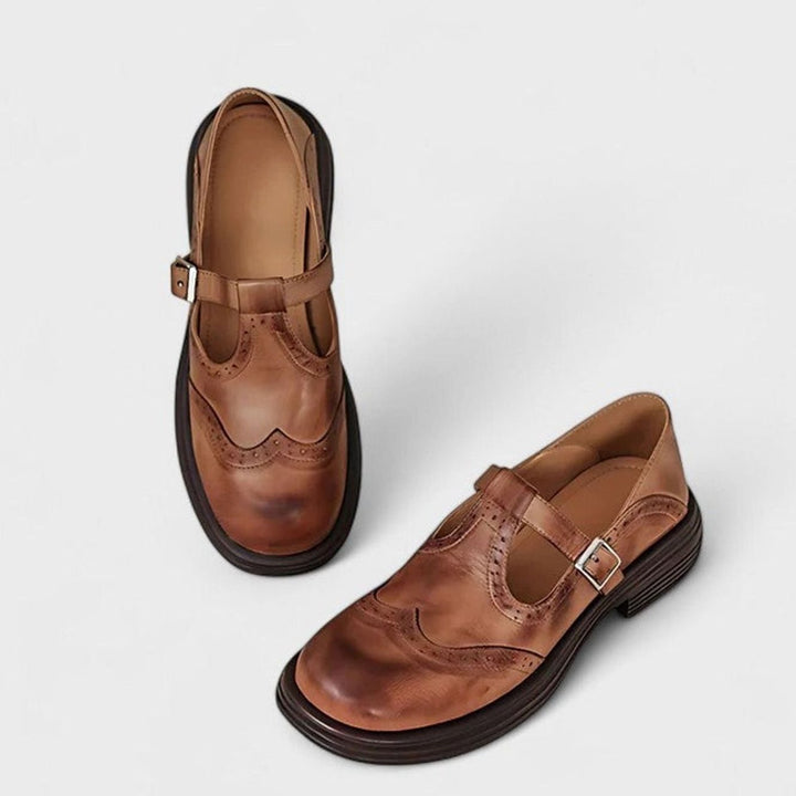 Lottie | Women's Vintage Brogue Leather T-Strap Shoes Buckle Flats