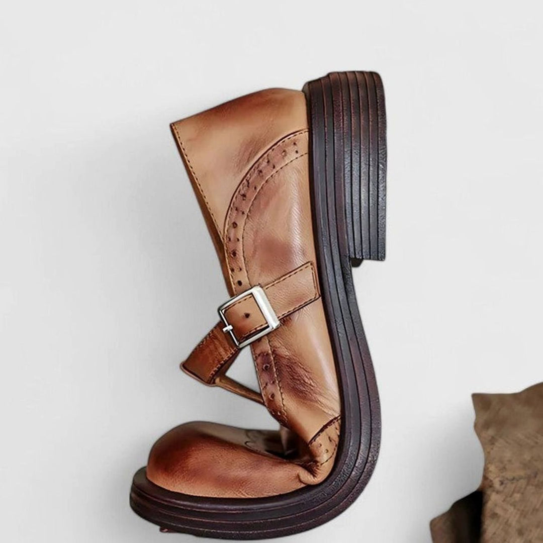 Lottie | Women's Vintage Brogue Leather T-Strap Shoes Buckle Flats