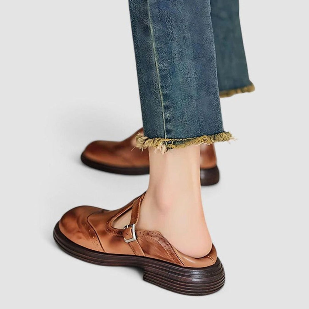 Lottie | Women's Vintage Brogue Leather T-Strap Shoes Buckle Flats
