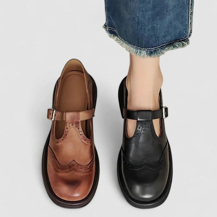 Lottie | Women's Vintage Brogue Leather T-Strap Shoes Buckle Flats
