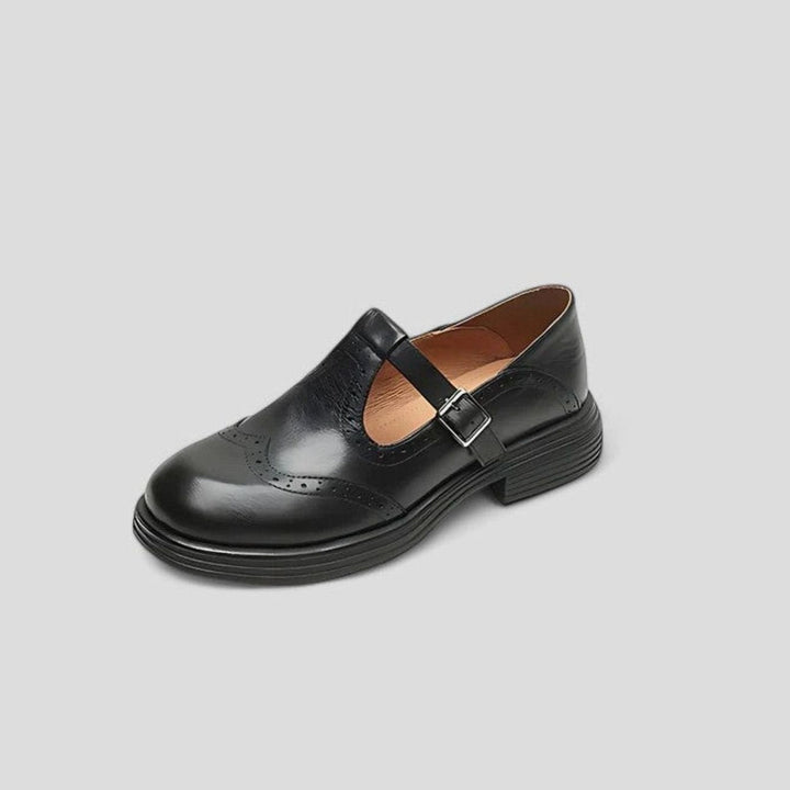 Lottie | Women's Vintage Brogue Leather T-Strap Shoes Buckle Flats