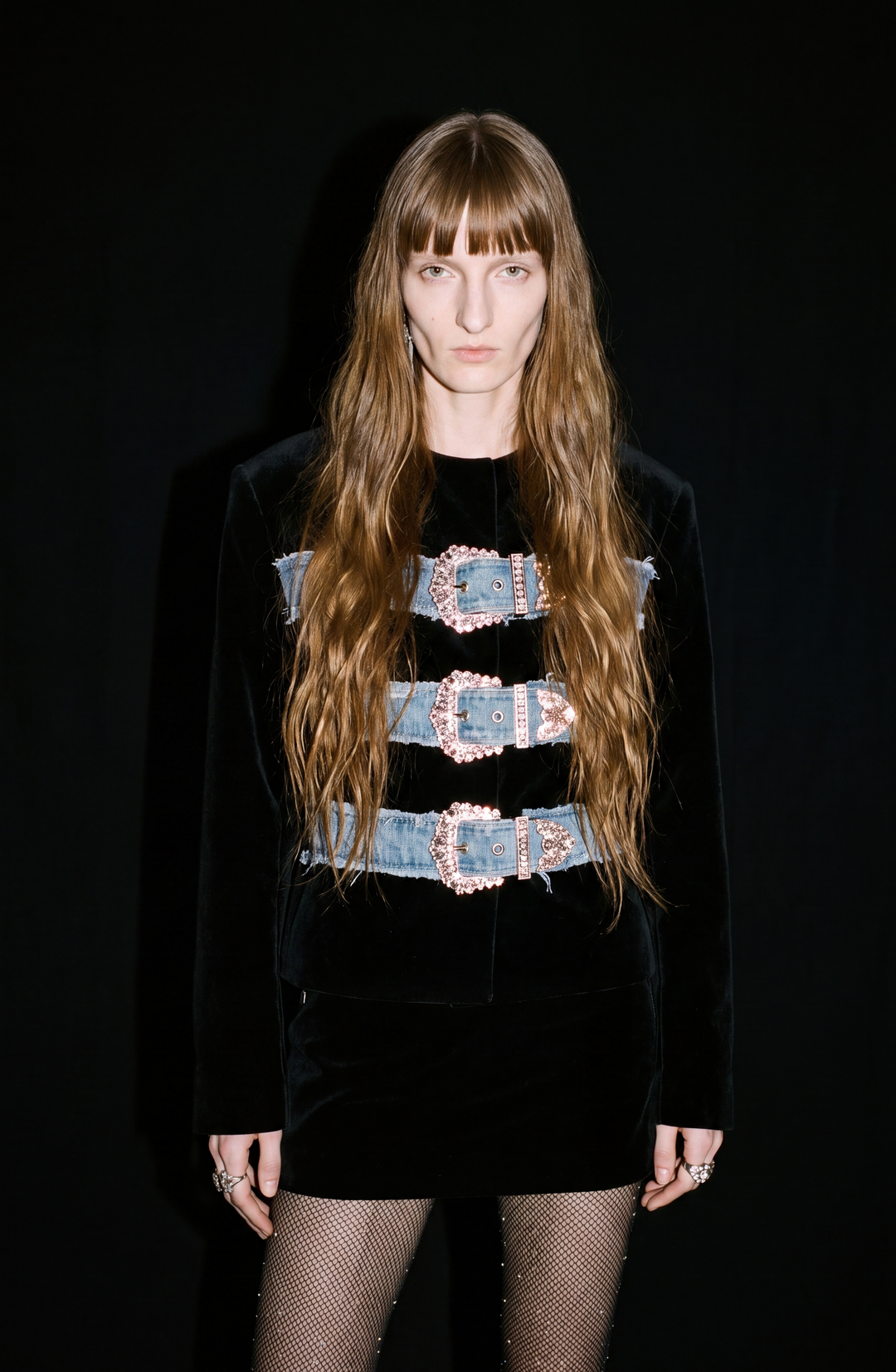 Women's cropped jacket with three embellished buckle bands and long sleeves