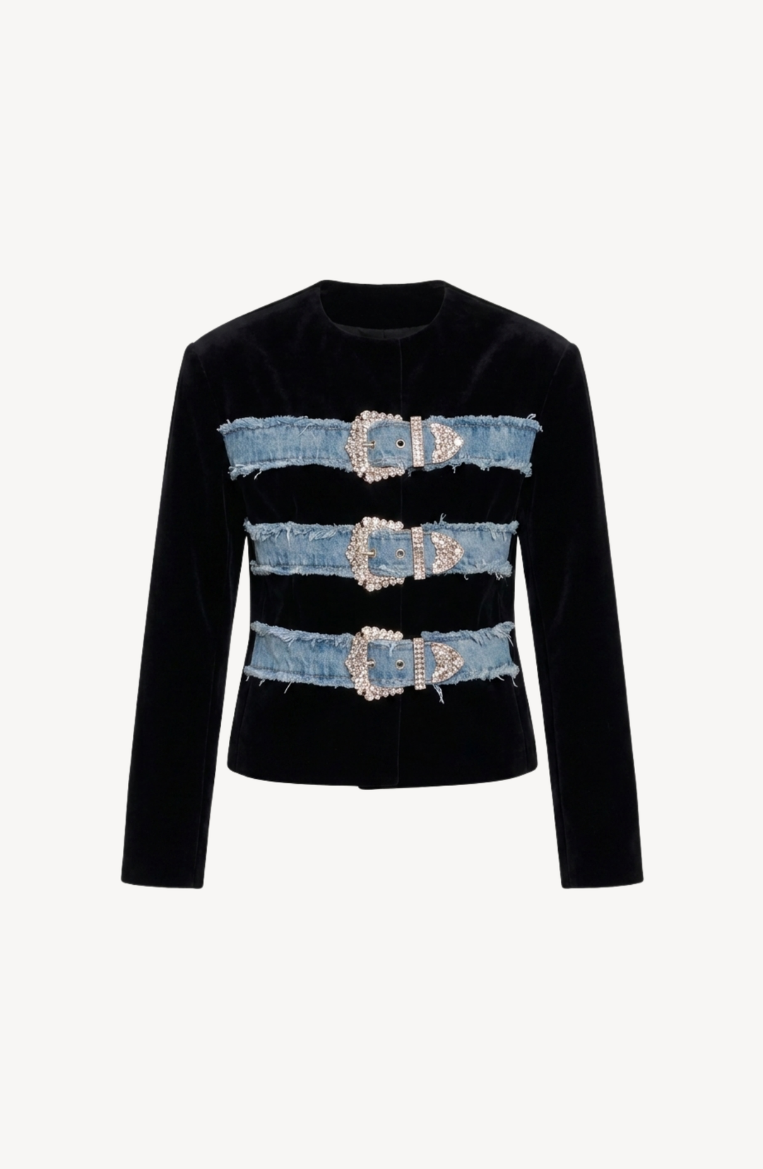 Women's cropped jacket with three embellished buckle bands and long sleeves