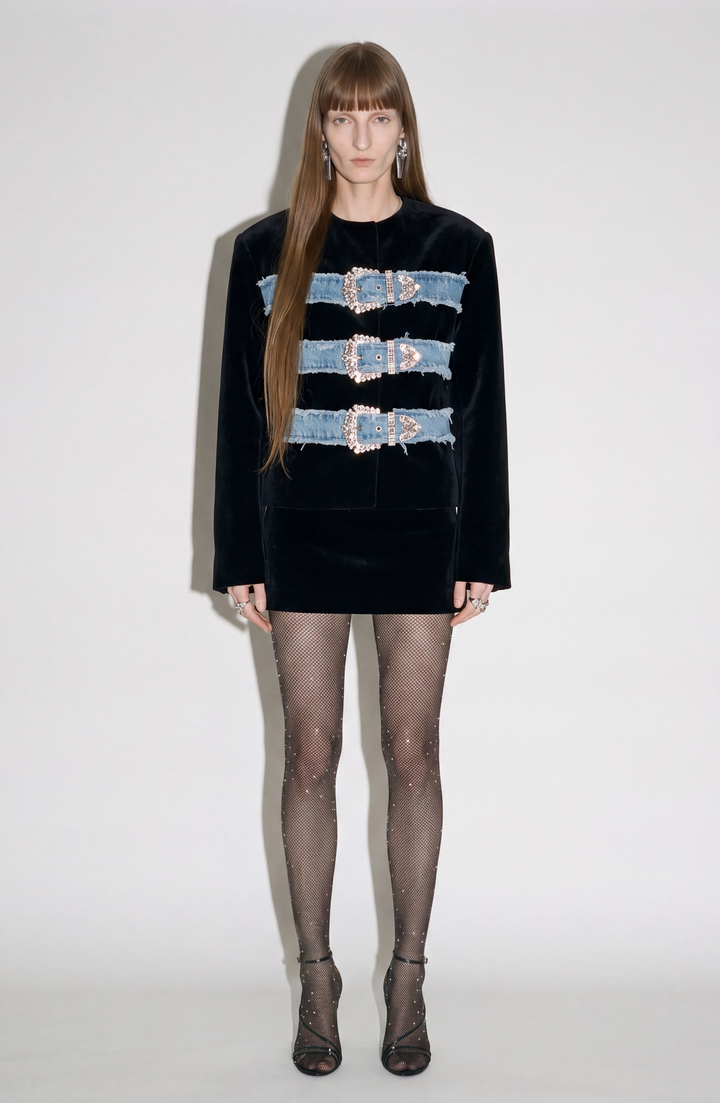 Women's cropped jacket with three embellished buckle bands and long sleeves