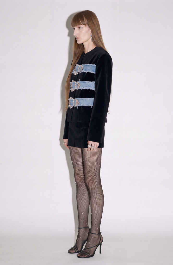 Women's cropped jacket with three embellished buckle bands and long sleeves