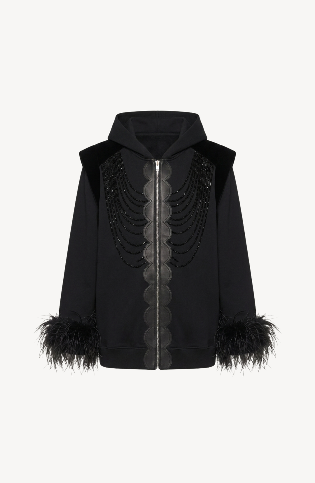 Black hooded zip hoodie with embellished front and feather-trimmed cuffs