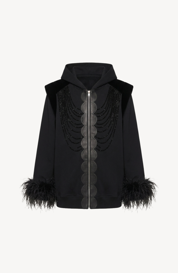 Black hooded zip hoodie with embellished front and feather-trimmed cuffs