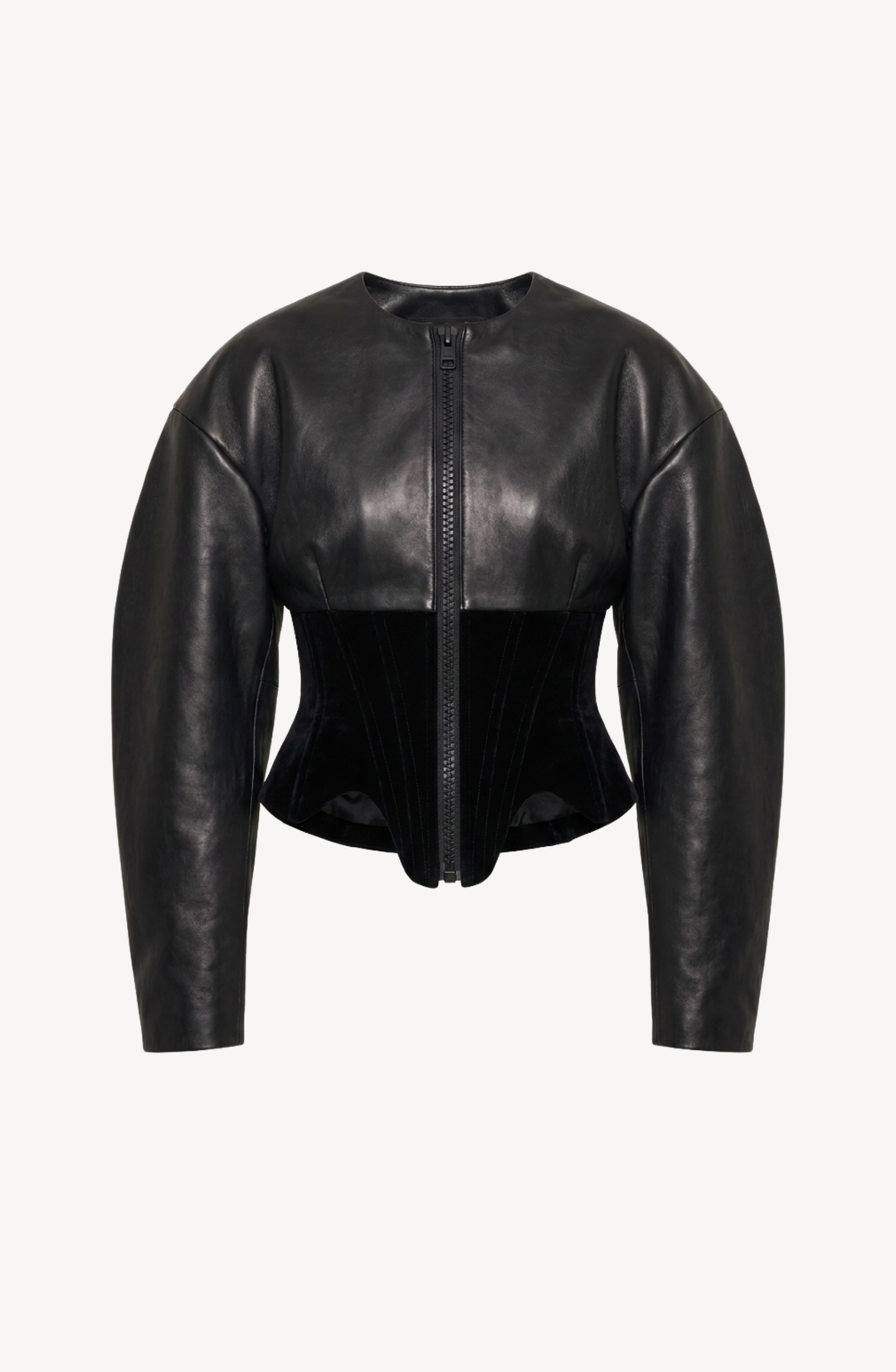 Black women's corset jacket with glossy upper panels, long sleeves and a front zipper
