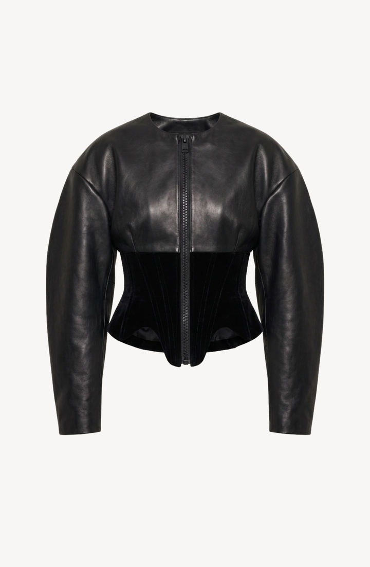 Black women's corset jacket with glossy upper panels, long sleeves and a front zipper