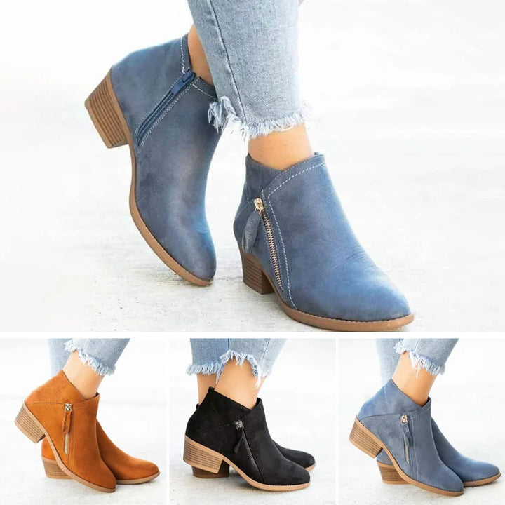 Ankle boots with side zippers, rounded toes and low stacked block heels
