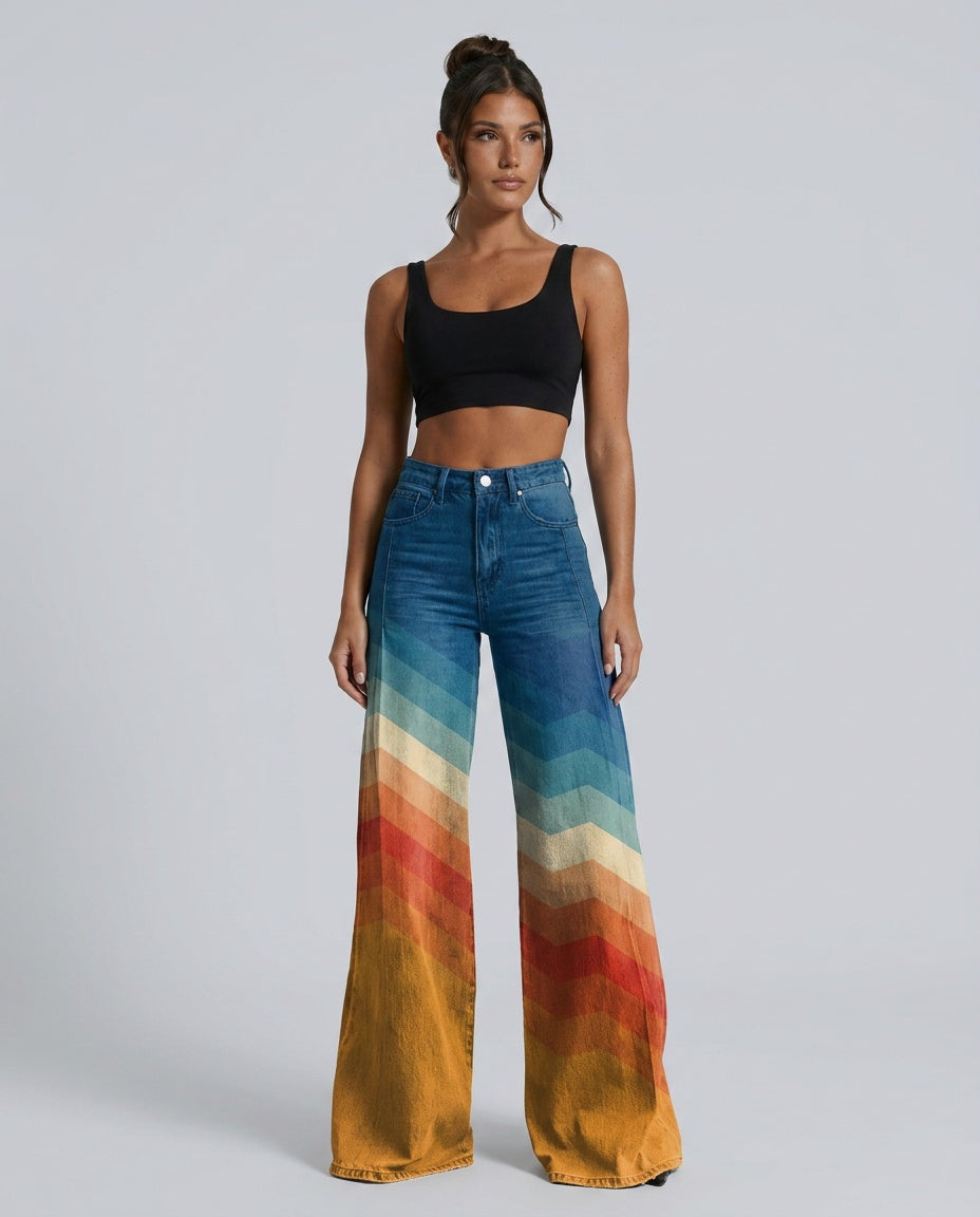 Women's high-waist wide-leg jeans with multicolour chevron stripes