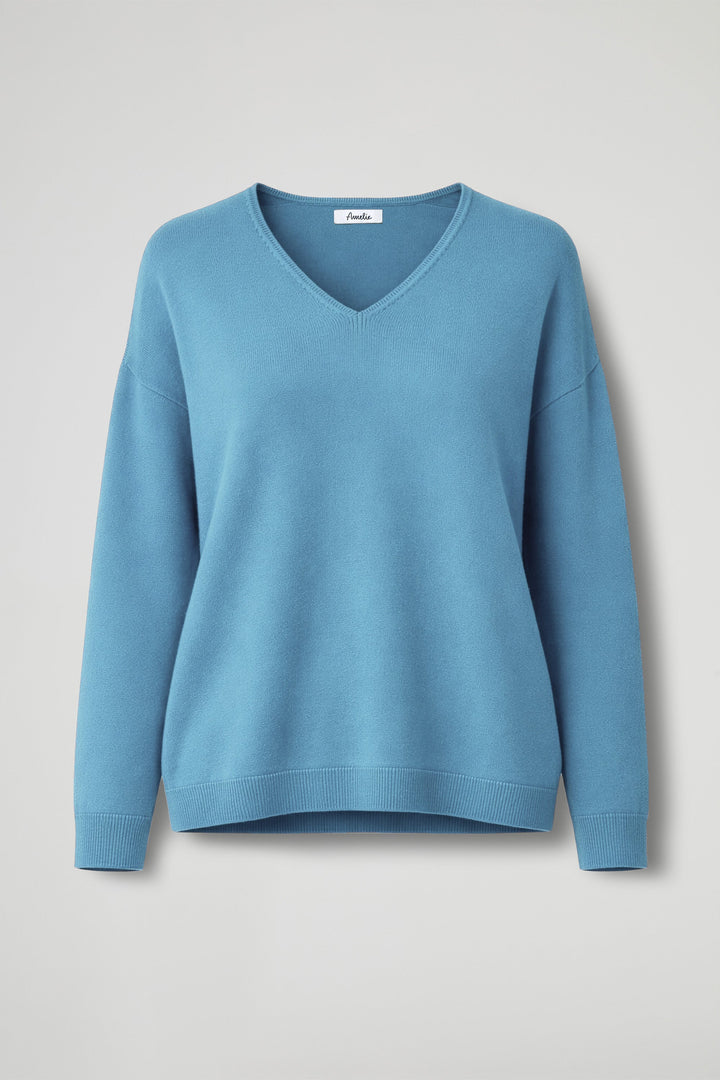 Women's plain V-neck pullover sweater with long sleeves and ribbed trims