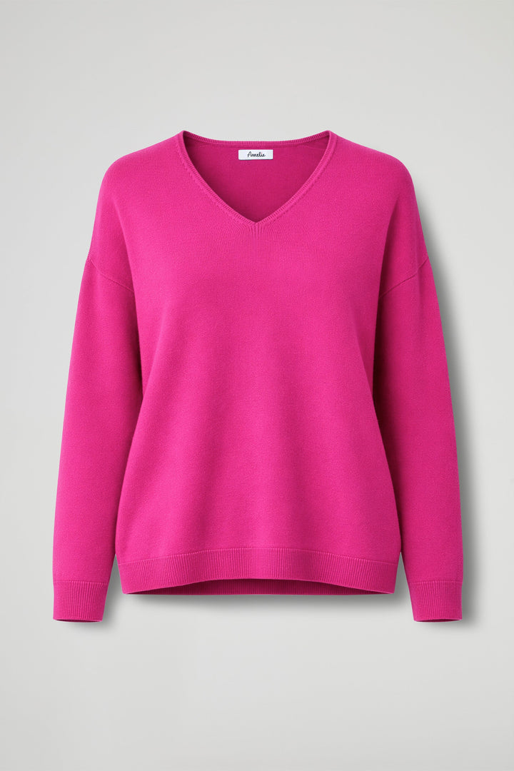 Women's plain V-neck pullover sweater with long sleeves and ribbed trims