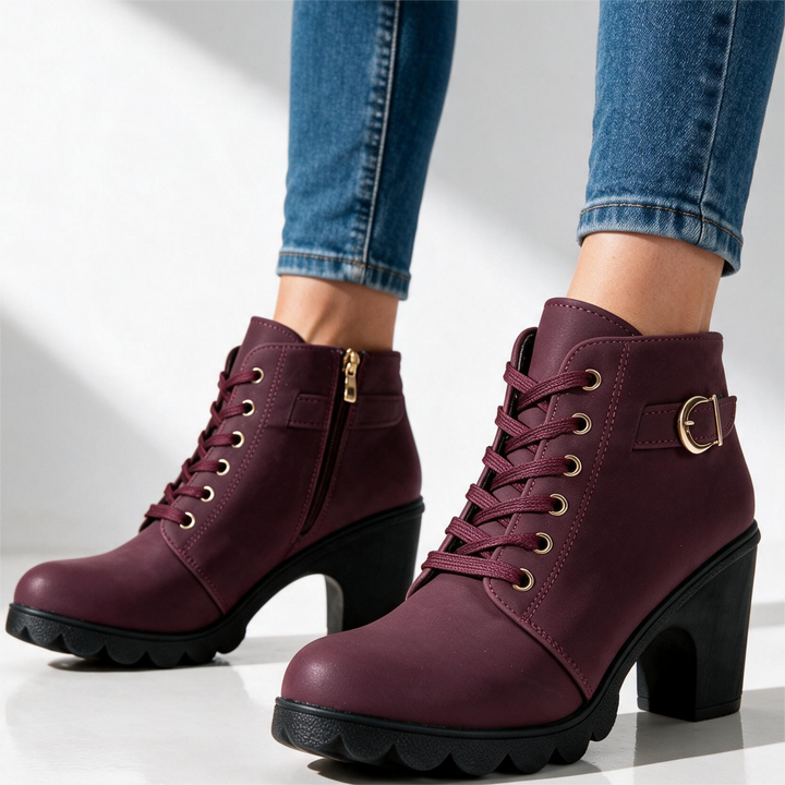 Lace-up ankle boots with buckle straps, side zippers and high block heels