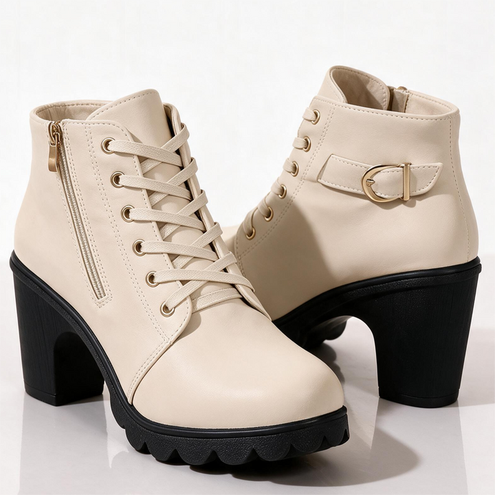 Lace-up ankle boots with buckle straps, side zippers and high block heels
