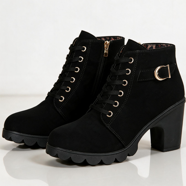 Lace-up ankle boots with buckle straps, side zippers and high block heels